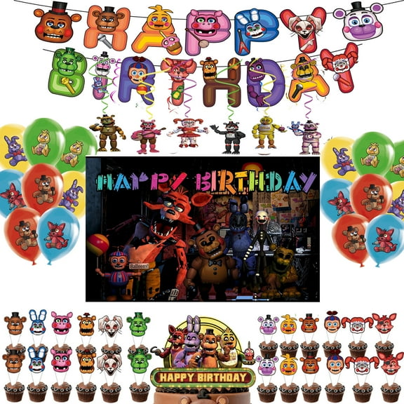 Freddy's Party Decorations Five Freddy's Happy Birthday Party Supplies Set include Banner , Balloons, Cake Cupcake Toppers, Freddy's Background