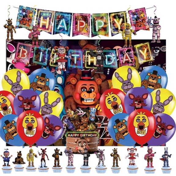 Freddy's Party Decorations Five Nights  Happy Birthday Party Supplies Set include Banner , Balloons, Cake Cupcake Toppers, Freddy's Background