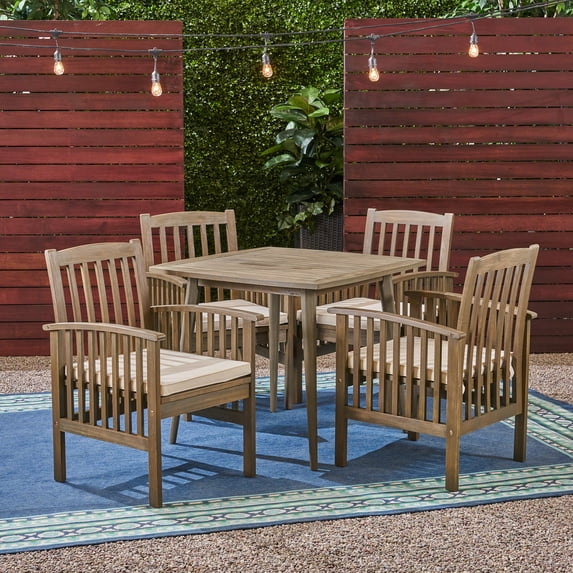 Frederic Outdoor 5 Piece Acacia Wood 36" Square Dining Set with Straight Legs and Cushions, Gray, Cream
