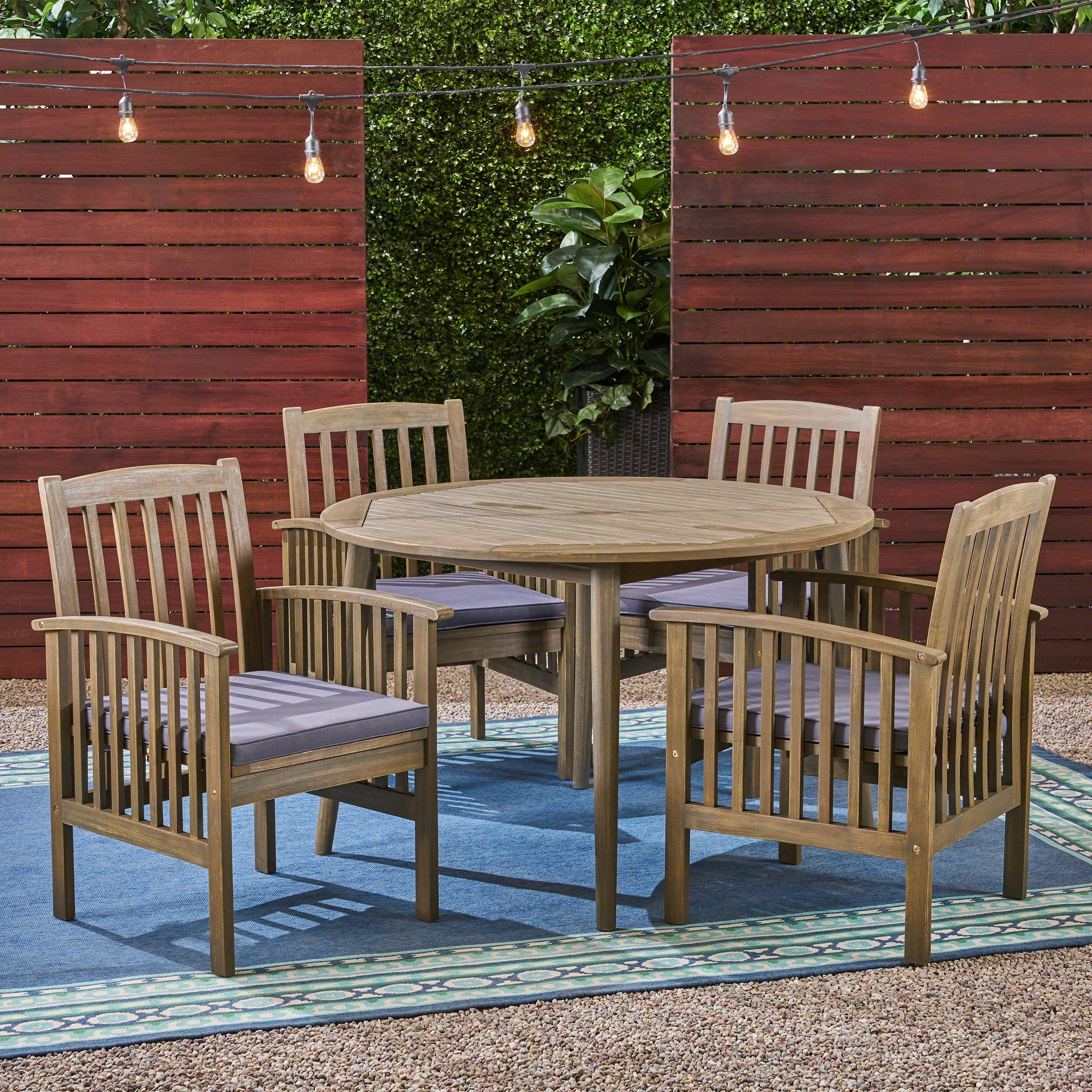 Frederic Outdoor 5 Piece Acacia Wood 47" Round Dining Set with Straight Legs and Cushions, Gray, Dark Gray