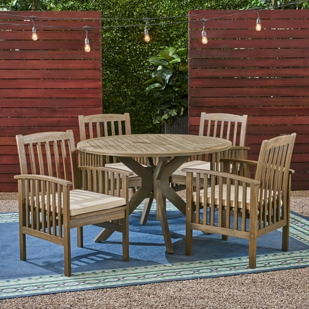 Frederic Outdoor 5 Piece Acacia Wood 47" Round Dining Set with X-Legs and Cushions, Gray, Cream