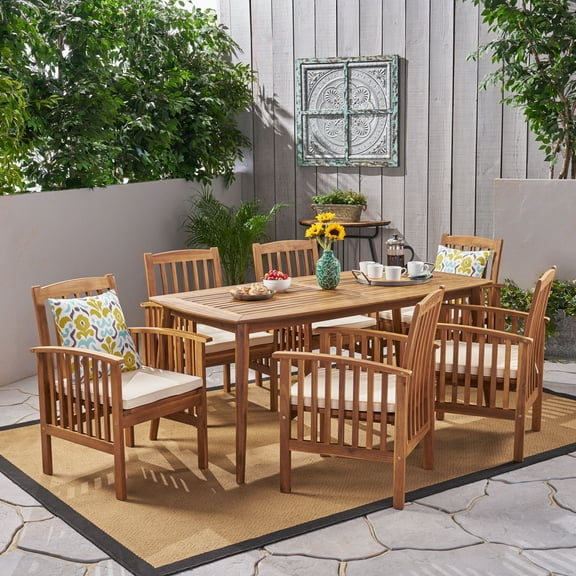 Frederic Outdoor 7 Piece Acacia Wood 71" Rectangular Dining Set with Straight Legs and Cushions, Teak, Cream