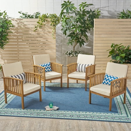 Frederic Outdoor Acacia Wood Club Chairs With Cushions, Set of 4, Brown Patina, Cream