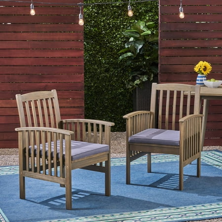 Frederic Outdoor Acacia Wood Dining Chair with Cushions, Set of 2, Grey, Dark Gray
