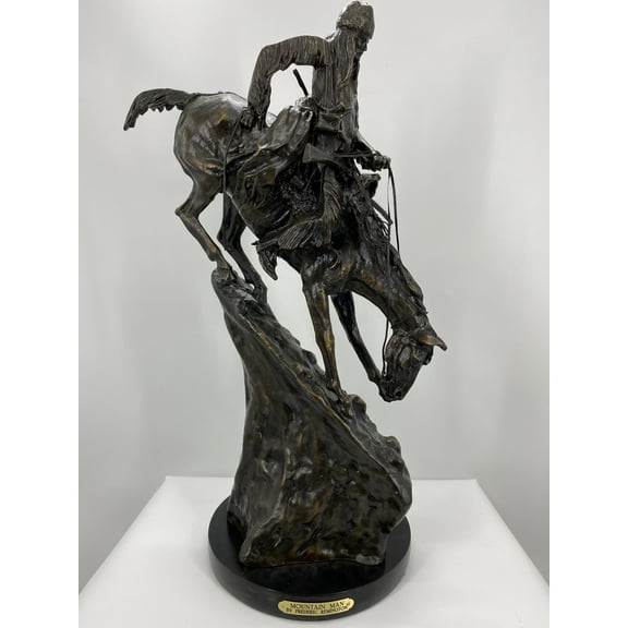 Frederic Remington Solid American Bronze Mountain Man Statue Sculpture mini size 12''H x 8'' L x 4" W