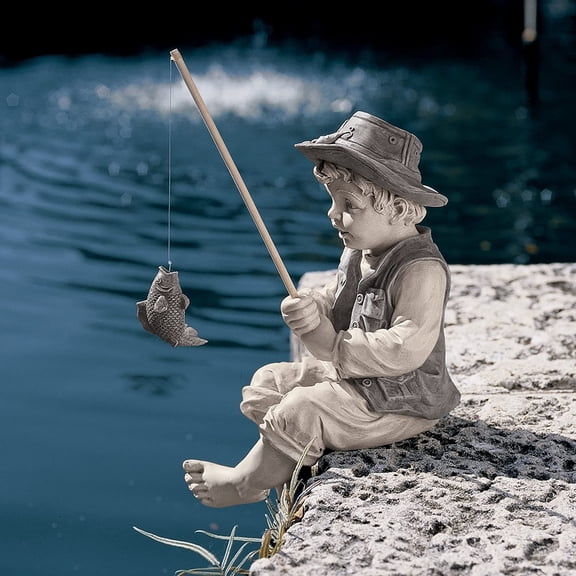 Frederic the Little Fisherman of Avignon Boy Fishing Garden Statue, 15 Inch Tall, Cast Stone Resin, Two Tone Stone Finish