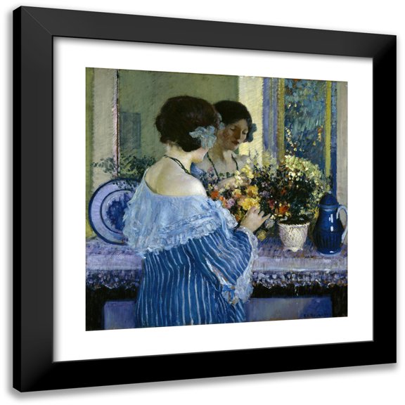 Frederick Carl Frieseke 12x12 Black Modern Framed Museum Art Print Titled - Girl in Blue Arranging Flowers (1915)
