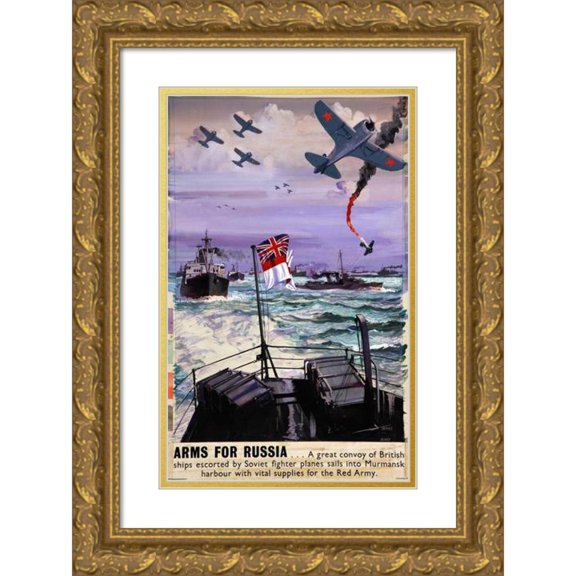 Frederick Donald Blake 13x18 Gold Ornate Wood Frame and Double Matted Museum Art Print Titled - Arms for Russia - a Great Convoy of British Ships Escorted by Soviet Fighters Sails into Murma
