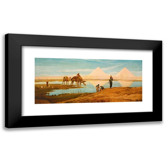 Frederick Goodall 24x13 Black Modern Framed Museum Art Print Titled - The Light of the Rising Sun Upon the Pyramids of Ghizeh (1897)