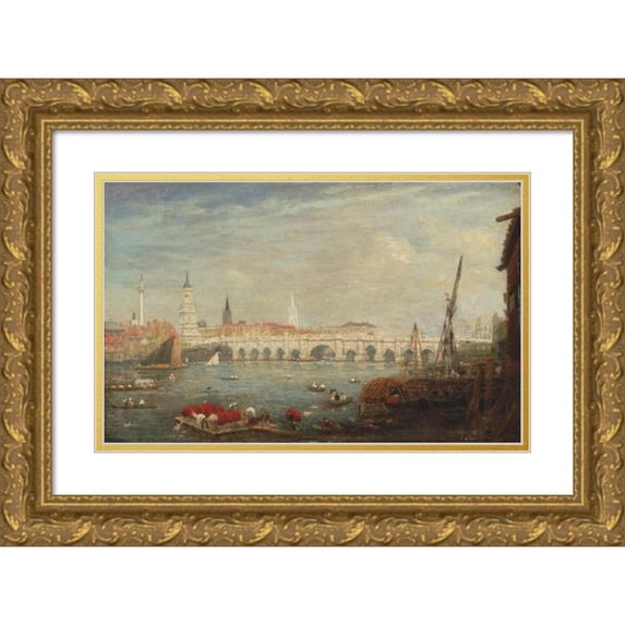 Frederick Nash 18x13 Gold Ornate Wood Frame and Double Matted Museum Art Print Titled - The Monument and London Bridge