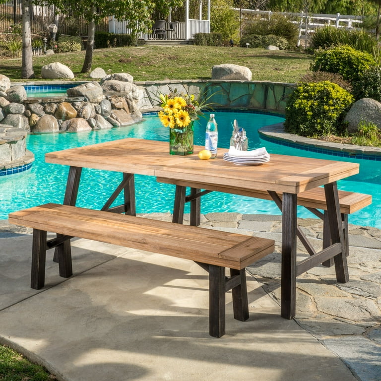 Frederick Outdoor 3 Piece Laminated Acacia Picnic Dining Set Teak Finish and Brushed Grey