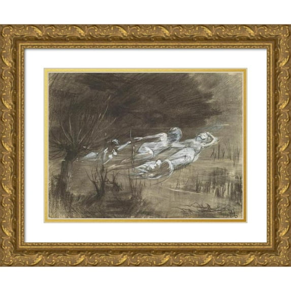 Frederick Trapp Friis 18x15 Gold Ornate Wood Frame and Double Matted Museum Art Print Titled - Woman Floating in a River Attended by Two Female Spirits (C. 1895)