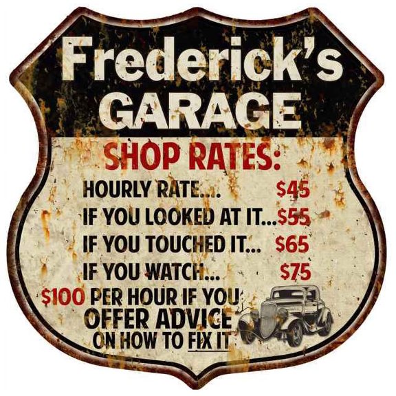 Frederick's Garage Shop Rates Sign Gift 8x12 Metal Sign 211110019134