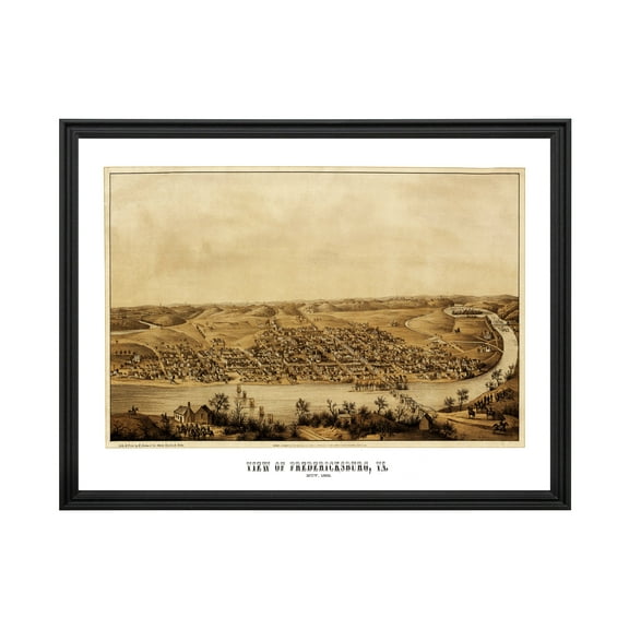 Fredericksburg Art, 1862 Vintage Map of Fredericksburg Virginia, VA History Wall Decor Gift, Old Fredericksburg Map - 24" x 18" Black Framed Print