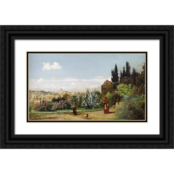 Frederico Nerly 24x15 Black Ornate Framed Double Matted Museum Art Print Titled: Rome Landscape with Maiden and Cardinal