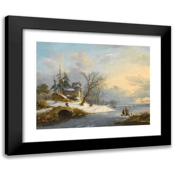 Frederik Marinus Kruseman 14x12 Black Modern Framed Museum Art Print Titled - Winter Landscape with Strollers and Skaters (1840)