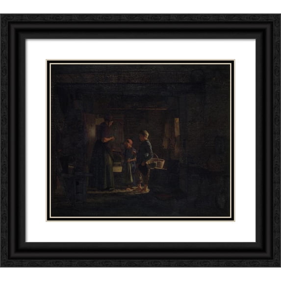 Frederik Vermehren 14x12 Black Ornate Wood Framed Double Matted Museum Art Print Titled: Two Beggar Children in a Peasant Kitchen (1859 - 1860)