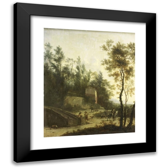 Frederik de Moucheron 20x24 Black Modern Framed Museum Art Print Titled - Italian Landscape with Hunters (1660 - 1686)