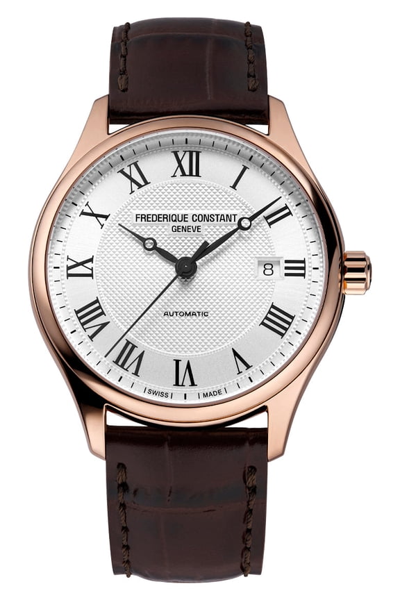 Classics Automatic Rose Gold PVD Silver Dial Brown Leather Strap Date Mens Watch FC-303MC5B4