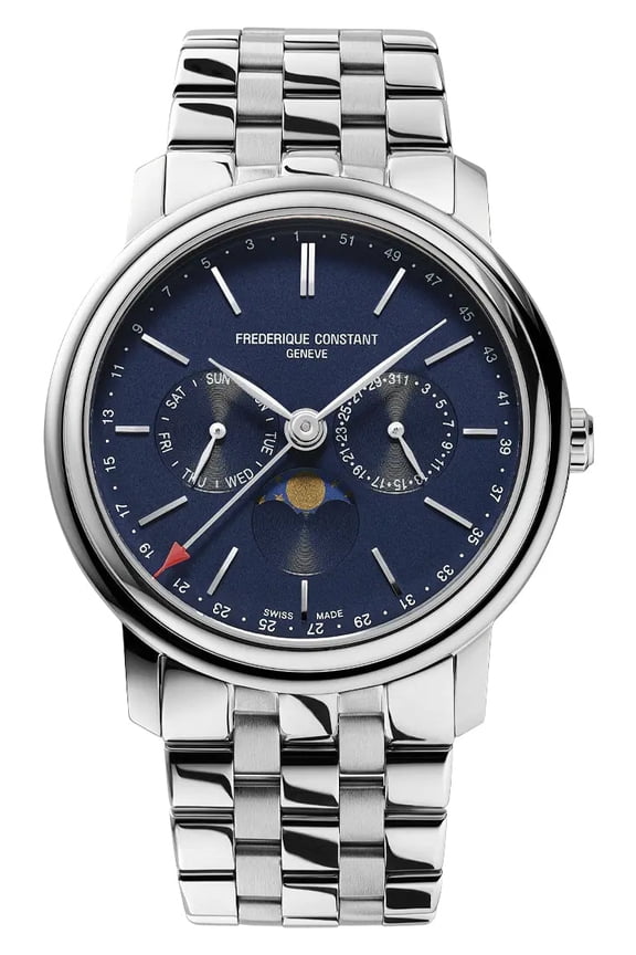 Classics Index Business Timer Stainless Steel Blue Dial Day/Date/Week Moonphase Quartz Mens Watch FC-270N4P6B