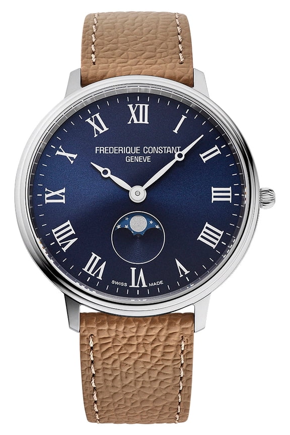 Classics Moonphase Stainless Steel Blue Dial Brown Leather Strap Quartz Unisex Watch FC-206RN3S6