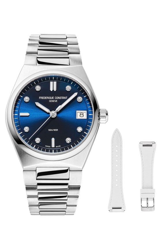 Highlife Stainless Steel Blue Dial Diamonds Interchangeable White Rubber Strap Date Quartz Womens Watch FC-240ND2NH6B