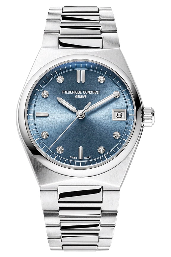 Highlife Stainless Steel Blue Dial Interchangeable Blue Rubber Strap Date Diamonds Quartz Womens Watch FC-240LND2NH26B