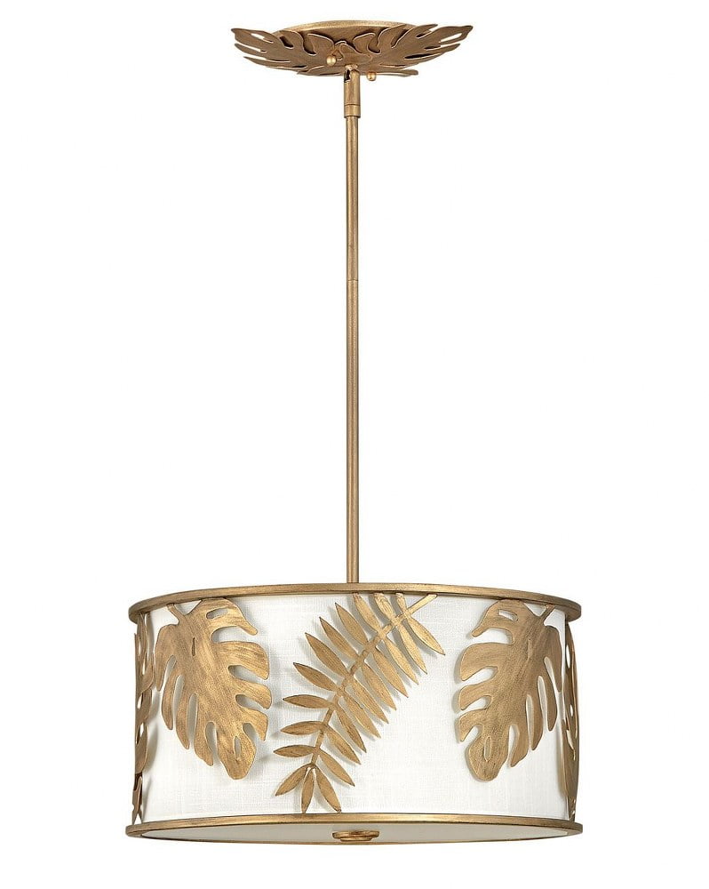 Burnished Gold 3-Light LED Drum Pendant with White Linen Shade