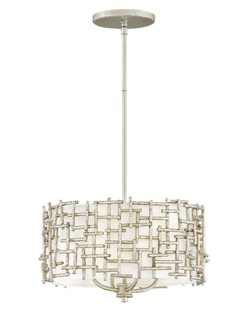 Farrah Silver Leaf 4-Light Drum Pendant with White Linen Shade