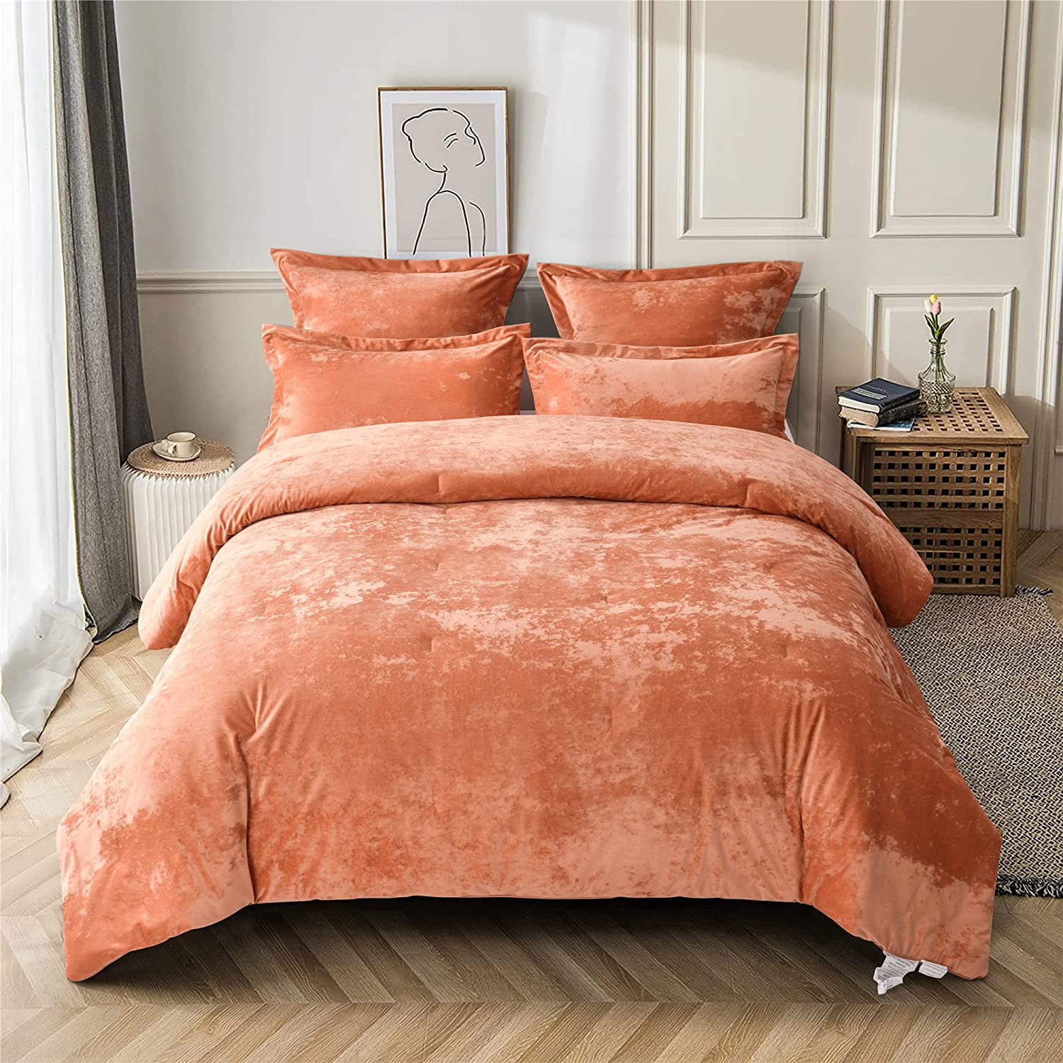 Fredsure Distressed Velvet Comforter Set 5 Pieces Dusty Mauve King ...