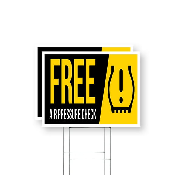 Free Air Pressure Check Yard Sign 2 Pack of 12 Inch x 16 Inch Single Sided Weatherproof Heavy-Duty Plastic with Stake | Auto Services, Tire Maintenance, Customer Ready | Made in USA