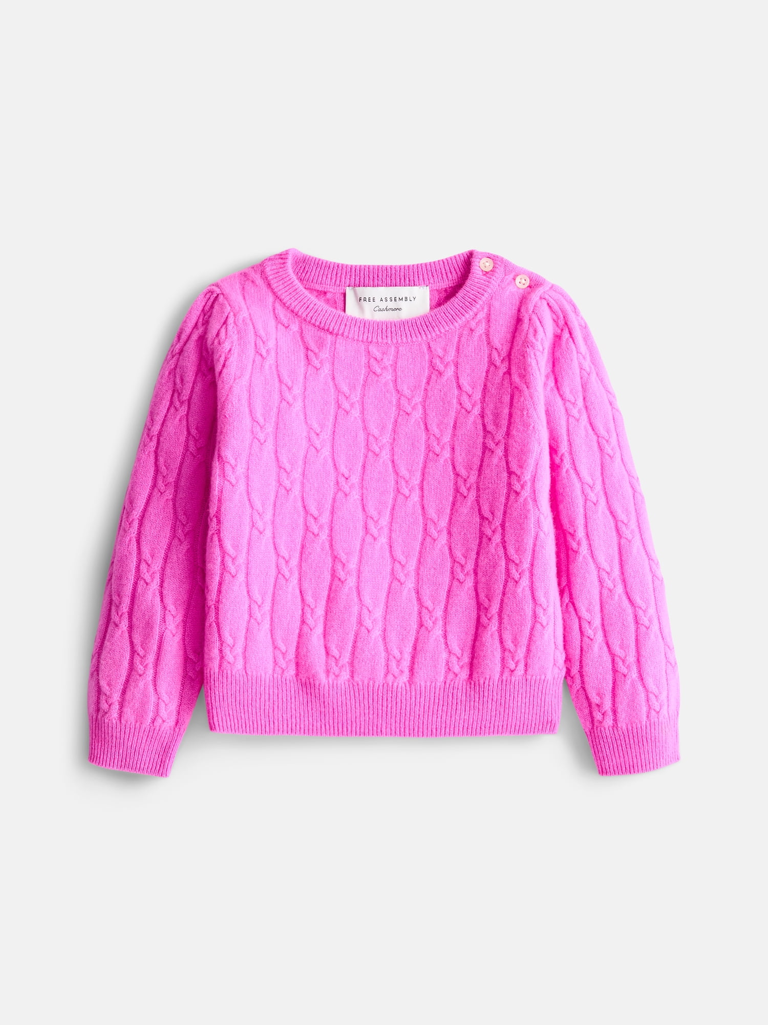 Free Assembly Baby Girls' Cashmere Cable Knit Sweater with Puff Sleeves, Sizes 6/9M-18M