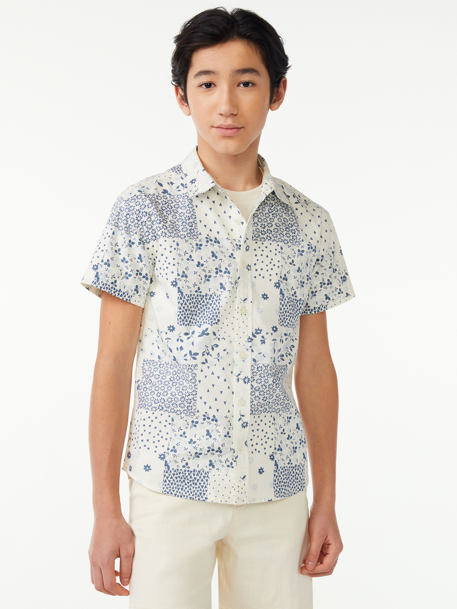 Free Assembly Boys Floral Print Button Down Shirt, Sizes 4-18 - image 1 of 5