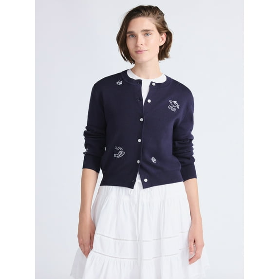 Free Assembly Women's and Women's Plus Embroidered Shrunken Cardigan Sweater, Sizes XS-4X