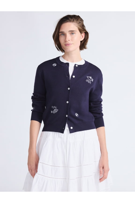 Women's and Women's Plus Embroidered Shrunken Cardigan Sweater, Sizes XS-4X