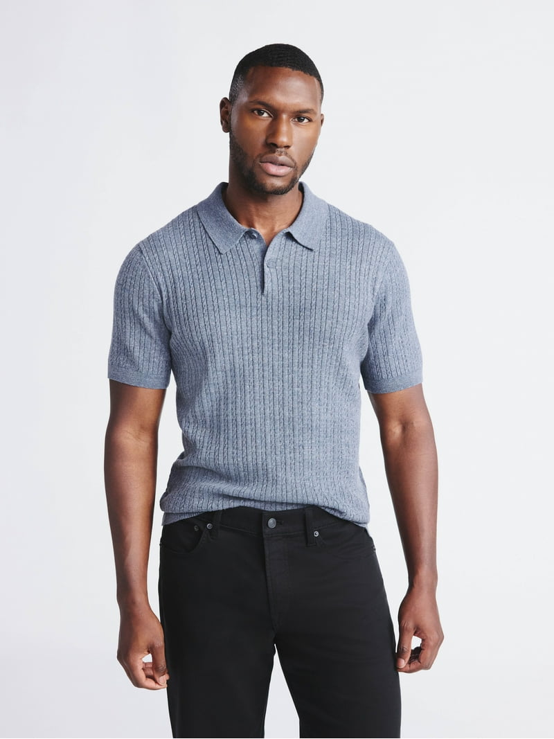 Free Assembly Men's Cable Knit Polo Sweater with Short Sleeves