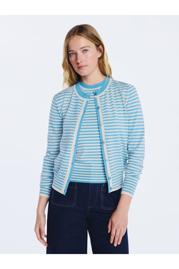 Women's and Women's Plus Solid, Stripe, & Print Classic Cozy Yarn Cardigan Sweater, Lightweight, Sizes XS-4X