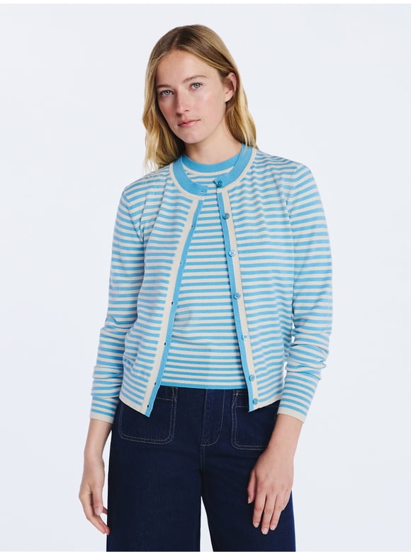 Women's and Women's Plus Solid, Stripe, & Print Classic Cozy Yarn Cardigan Sweater, Lightweight, Sizes XS-4X