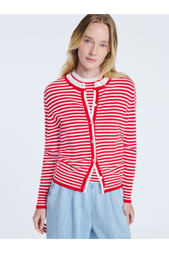 Women's and Women's Plus Solid, Stripe, & Print Classic Cozy Yarn Cardigan Sweater, Lightweight, Sizes XS-4X