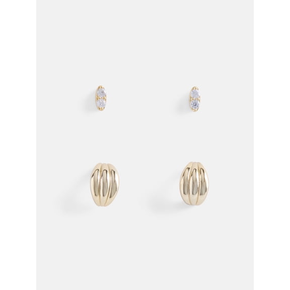 Free Assembly Women's 14K Gold Plated Cubic Zirconia and Half Hoop Earring Set, 2-Pairs