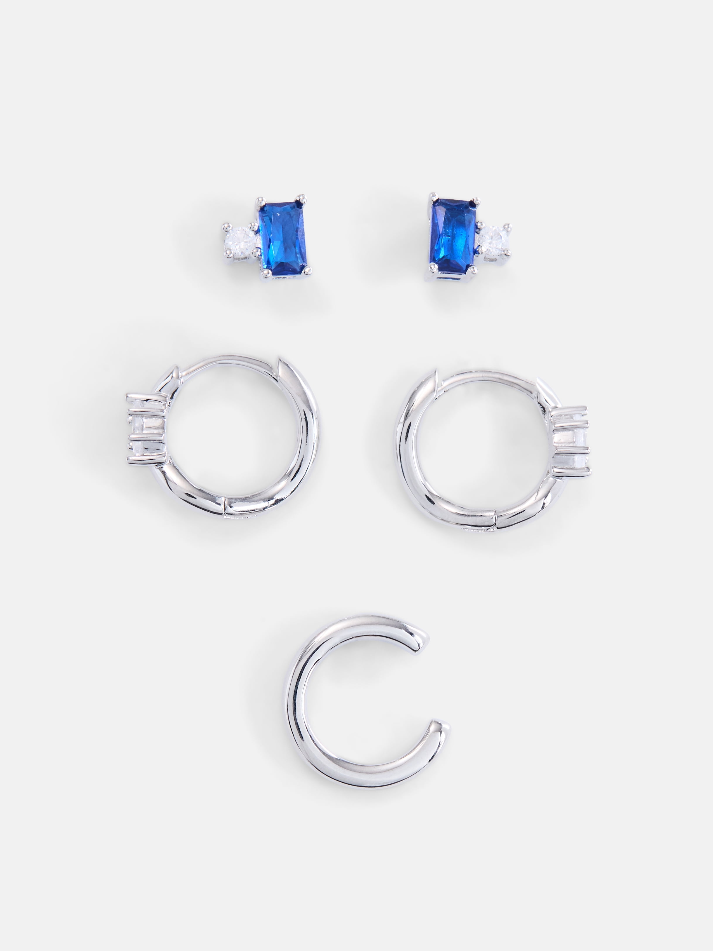 Free Assembly Women's Demi Fine Silver Plated Hoops, Studs and Cuff Earring Set, 5-Piece