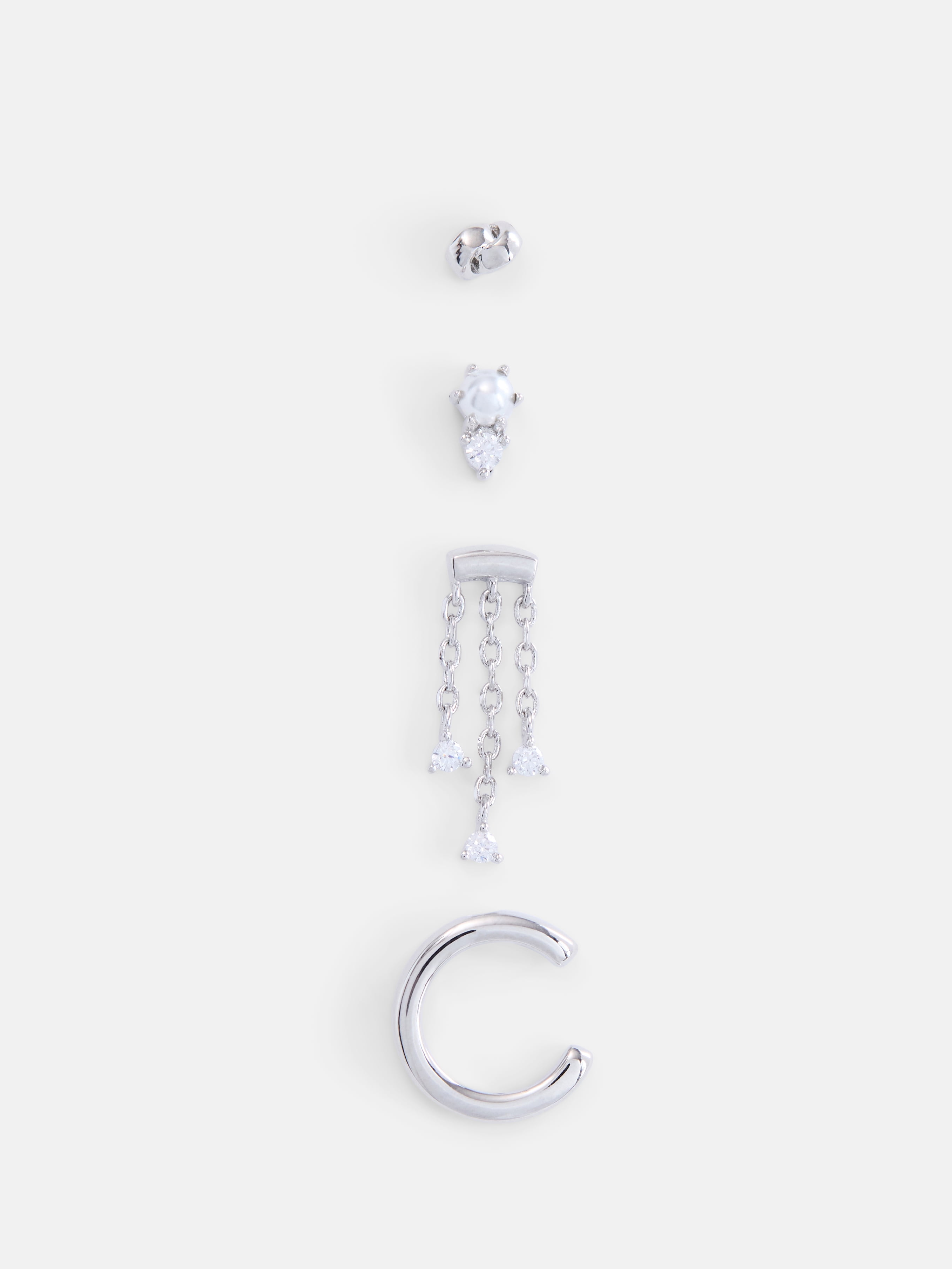 Free Assembly Women's Demi Fine Silver Plated Cubic Zirconia Single Earrings and Cuff Set, 4-Piece