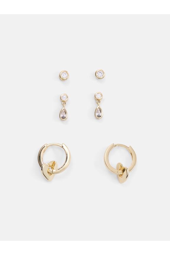 Women's Demi Fine 14K Gold Plated Cubic Zirconia Heart Hoops and Studs Earring Set, 3-Pair