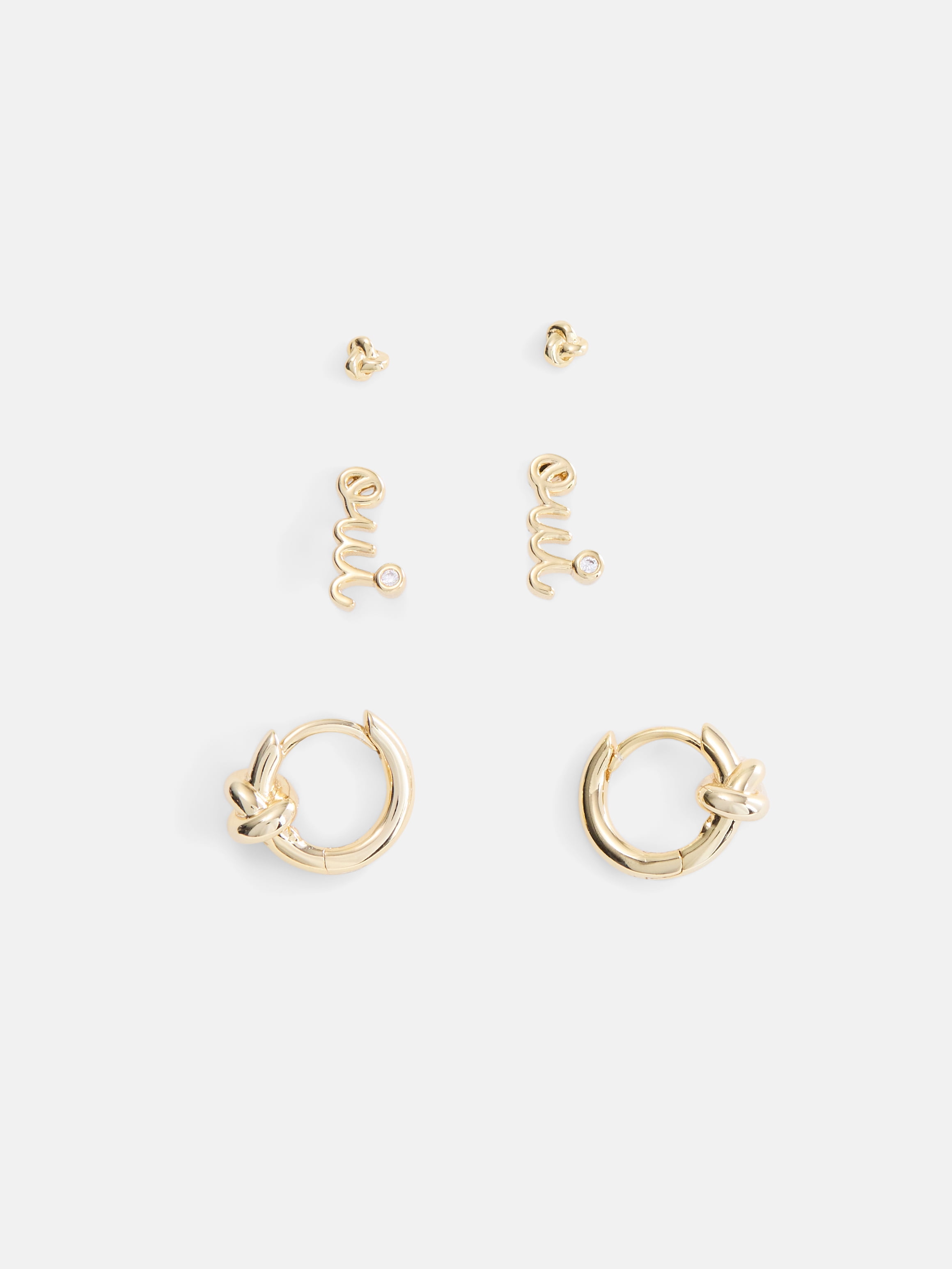 Free Assembly Women's Demi Fine 14K Gold Plated Cubic Zirconia Oui Studs, Knots and Hoop Earring Set, 3-Pair