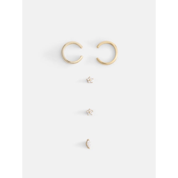 Free Assembly Women's 14K Gold Plated Cuff and Cubic Zirconia Flat Back Stud Single Earrings Set, 4-Pieces