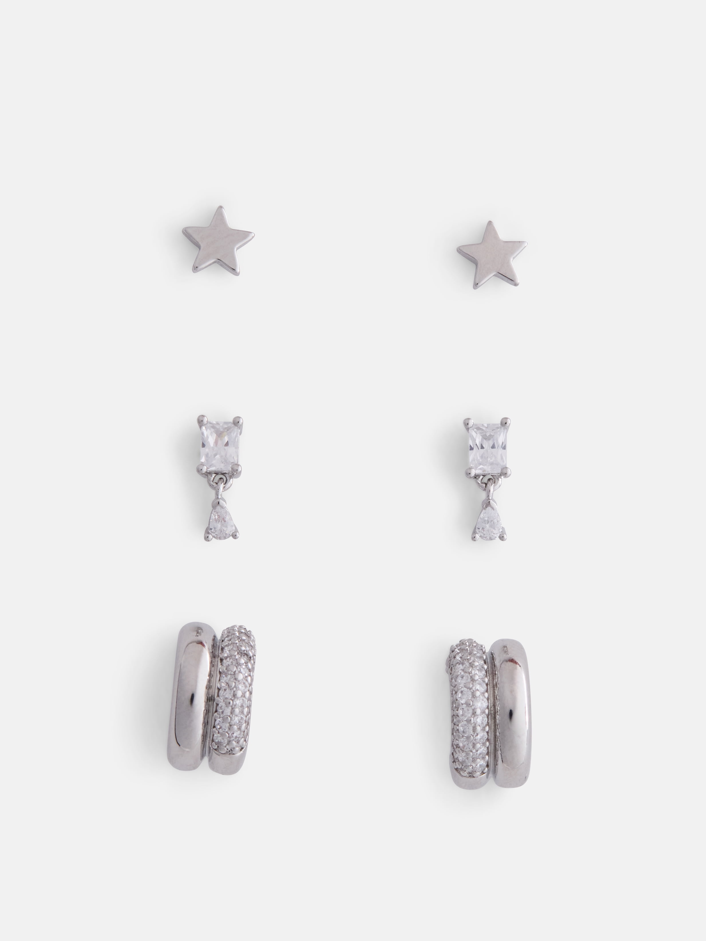 Free Assembly Women's Demi Fine Silver Plated Cubic Zirconia and Star Earring Set, 3-Pairs