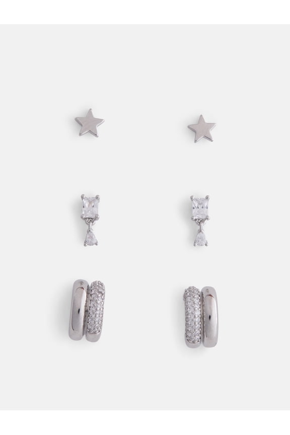 Women's Demi Fine Silver Plated Cubic Zirconia and Star Earring Set, 3-Pairs