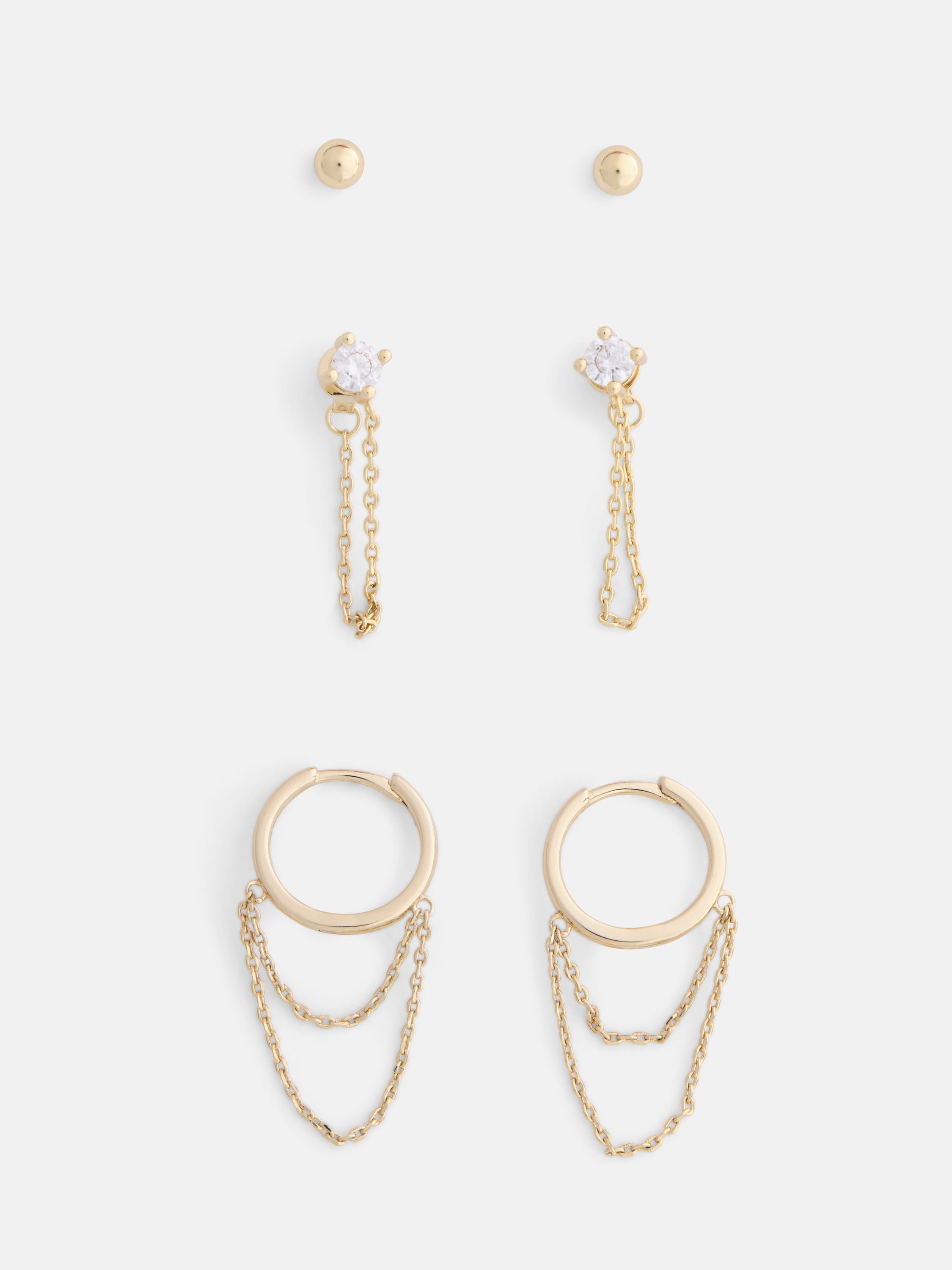 Free Assembly Women's Demi Fine 14K Gold Plated Cubic Zirconia Stud and Hoop Earrings Set, 3-Pair