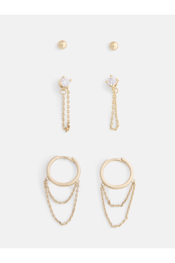 Women's Demi Fine 14K Gold Plated Cubic Zirconia Stud and Hoop Earrings Set, 3-Pair