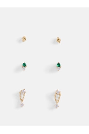 Women's Demi Fine 14K Gold Plated Cubic Zirconia Flat Back Stud Earring Set, 3-Pairs